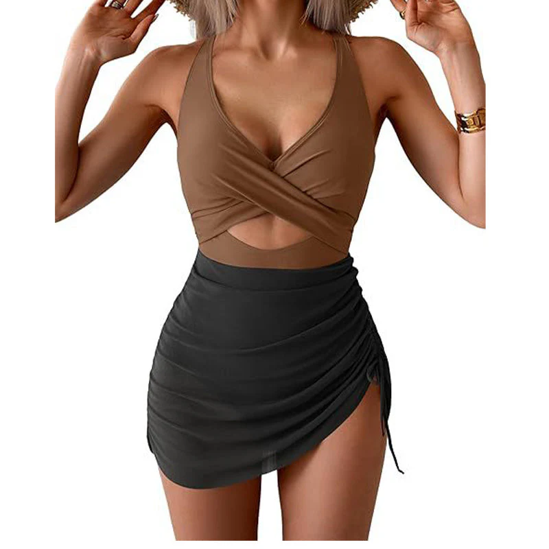 Costume intero a vestito da donna a blocchi di colore con design incrociato - Image 11