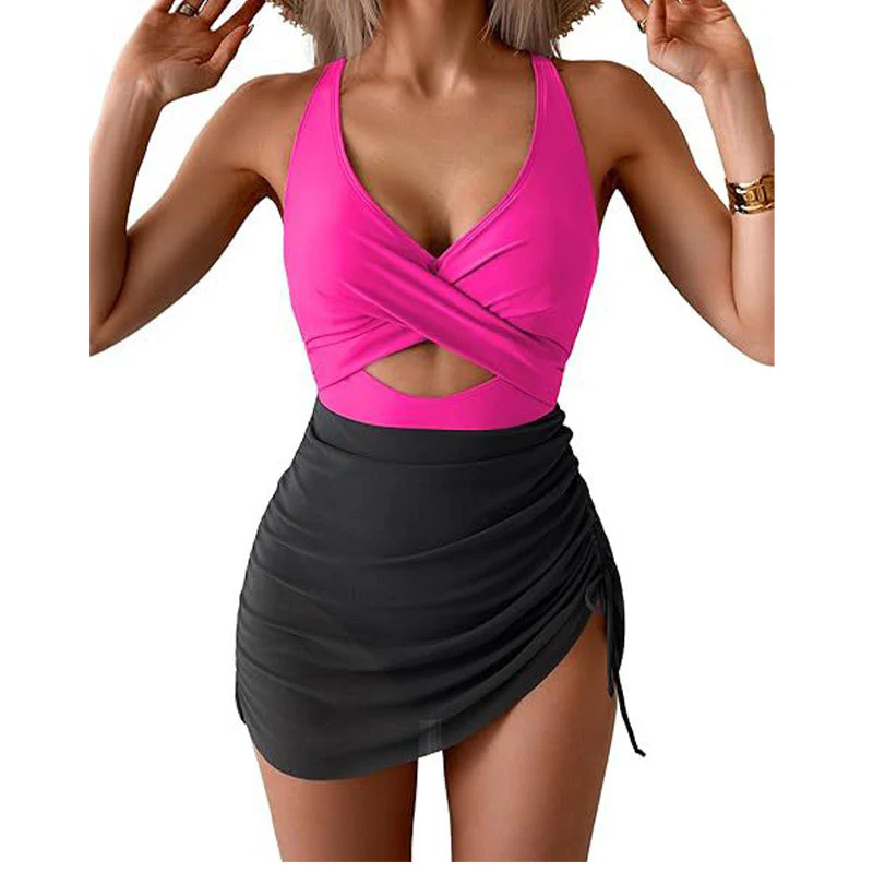Costume intero a vestito da donna a blocchi di colore con design incrociato - Image 12