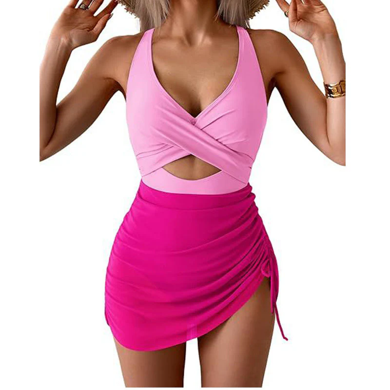 Costume intero a vestito da donna a blocchi di colore con design incrociato - Image 15