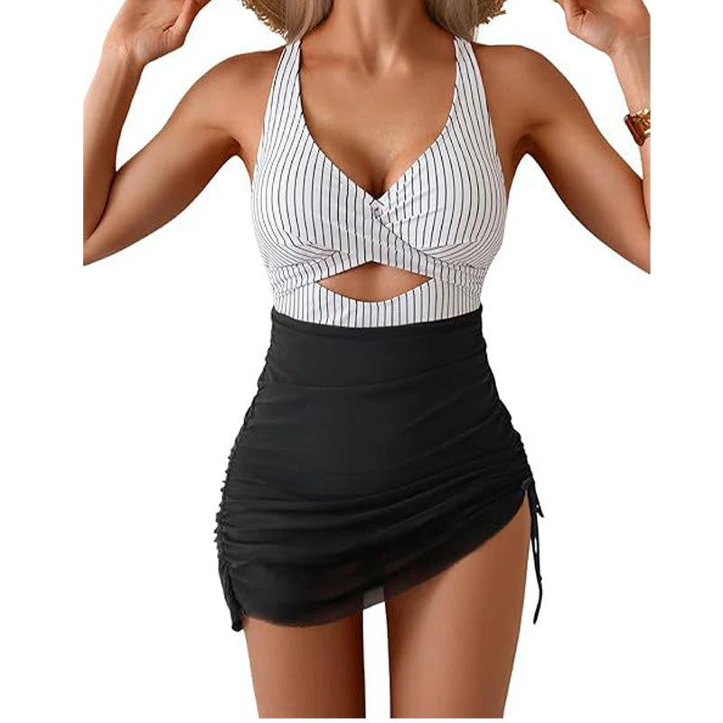 Costume intero a vestito da donna a blocchi di colore con design incrociato - Image 16