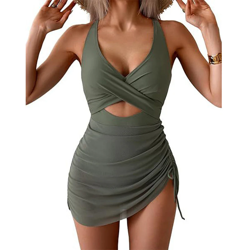 Costume intero a vestito da donna a blocchi di colore con design incrociato - Image 18