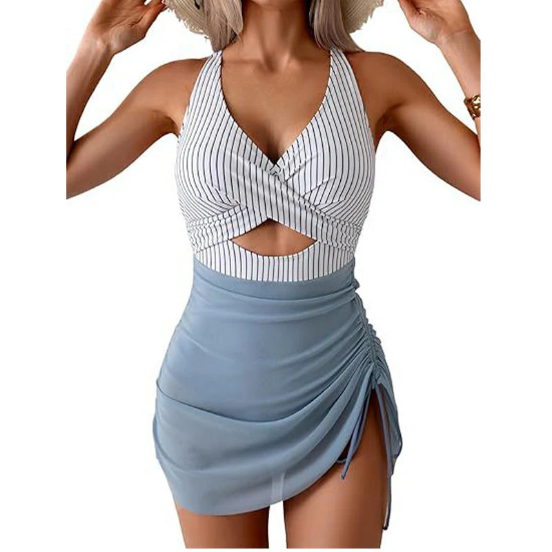 Costume intero a vestito da donna a blocchi di colore con design incrociato - Image 19