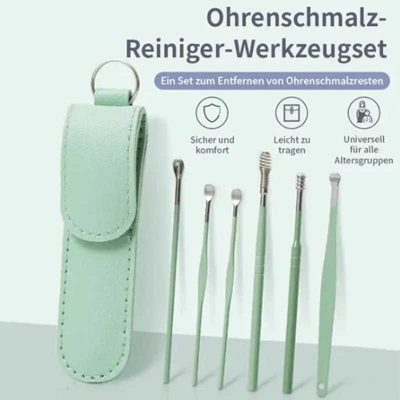 Set Portatile di 6 Pezzi in Acciaio Inox per la Pulizia delle Orecchie
