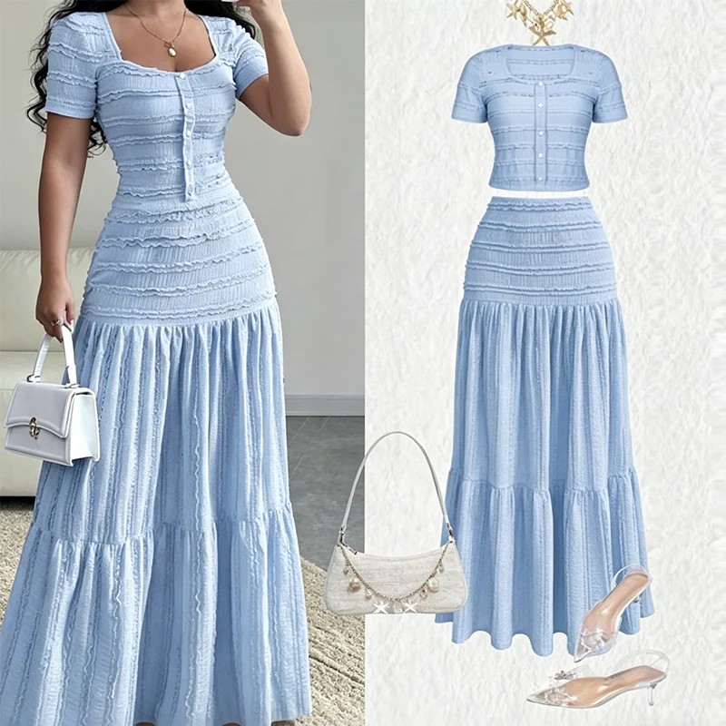 Completo elegante da donna composto da blusa a maniche corte e gonna lunga - Image 5