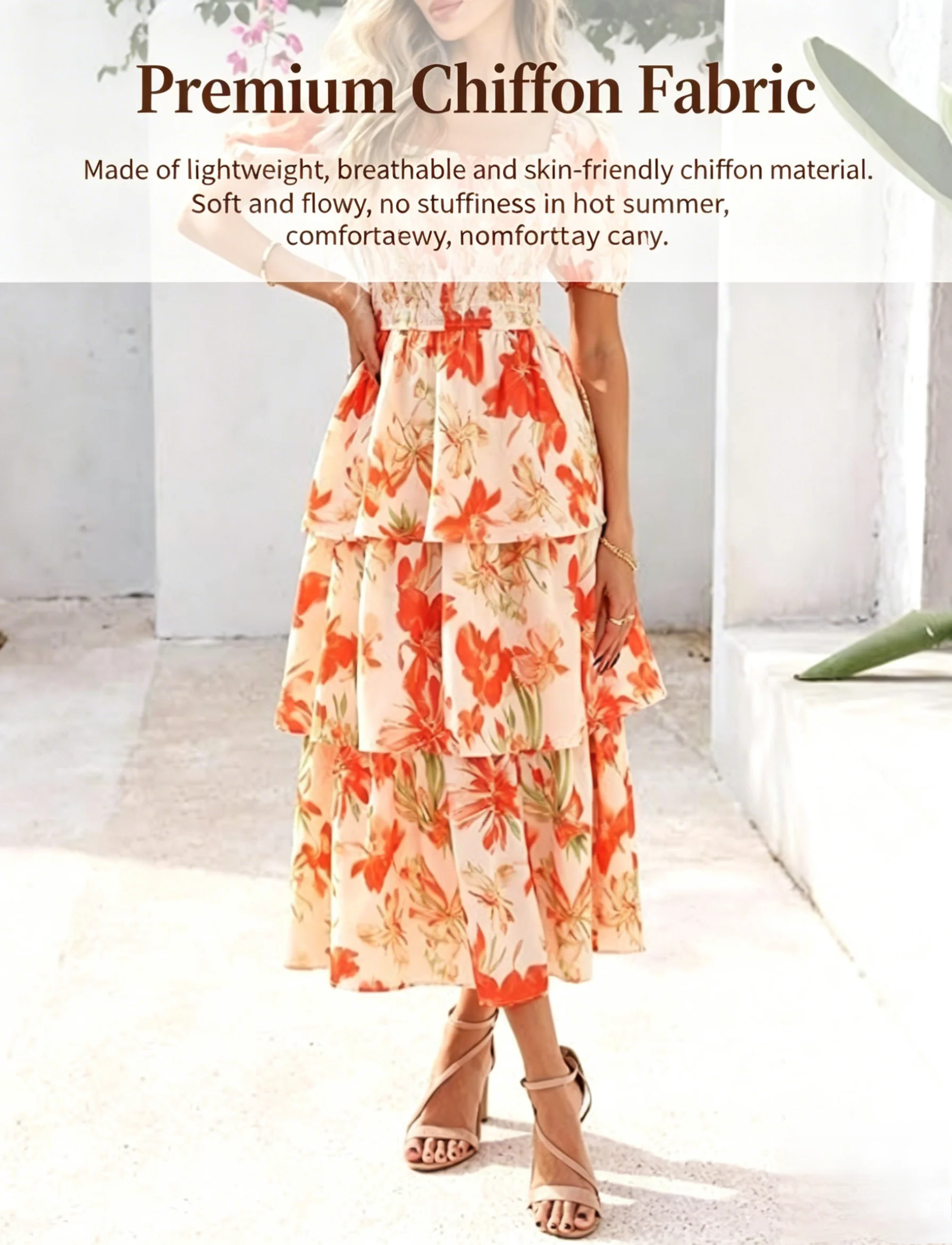 🔥Ultimo giorno di saldi: 50% di sconto🔥 Abito lungo da donna in chiffon a balze con motivo floreale - Maniche corte e scollo quadrato - Image 3