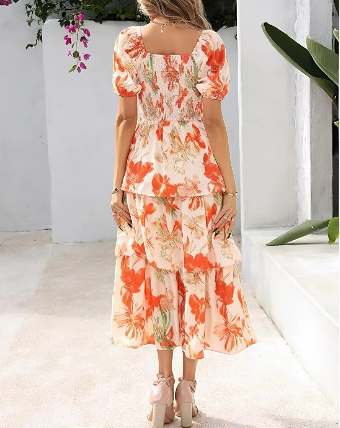 🔥Ultimo giorno di saldi: 50% di sconto🔥 Abito lungo da donna in chiffon a balze con motivo floreale - Maniche corte e scollo quadrato - Image 4