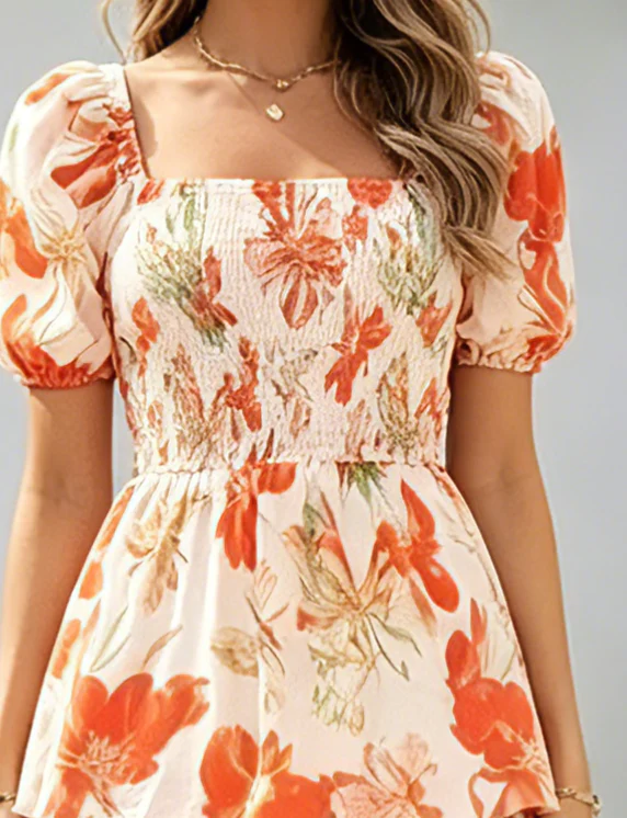 🔥Ultimo giorno di saldi: 50% di sconto🔥 Abito lungo da donna in chiffon a balze con motivo floreale - Maniche corte e scollo quadrato - Image 5
