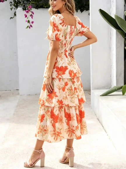 🔥Ultimo giorno di saldi: 50% di sconto🔥 Abito lungo da donna in chiffon a balze con motivo floreale - Maniche corte e scollo quadrato - Image 7