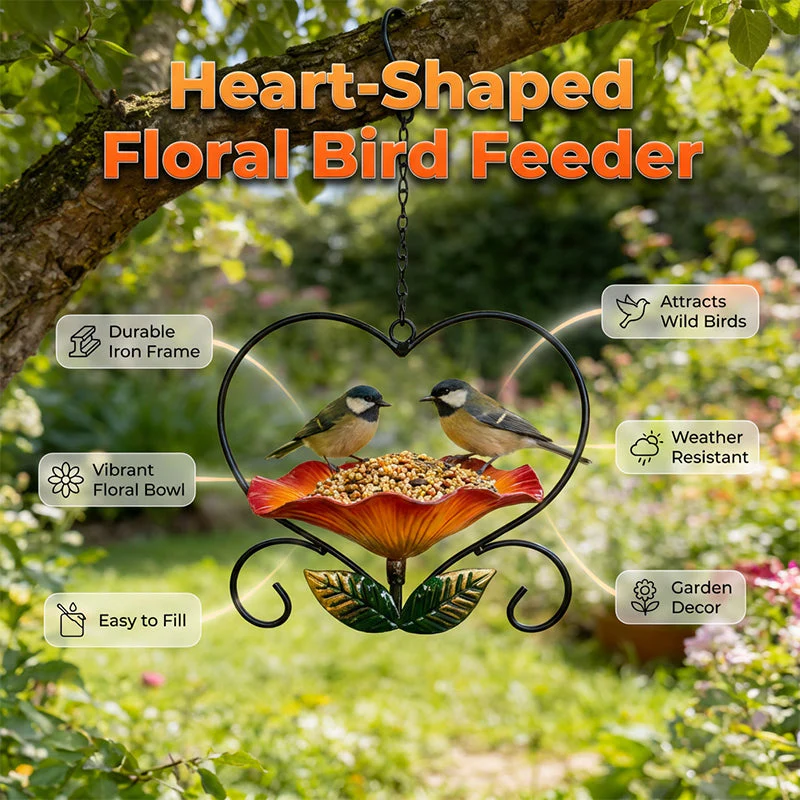 Mangiatoia per uccelli a forma di cuore con fiori