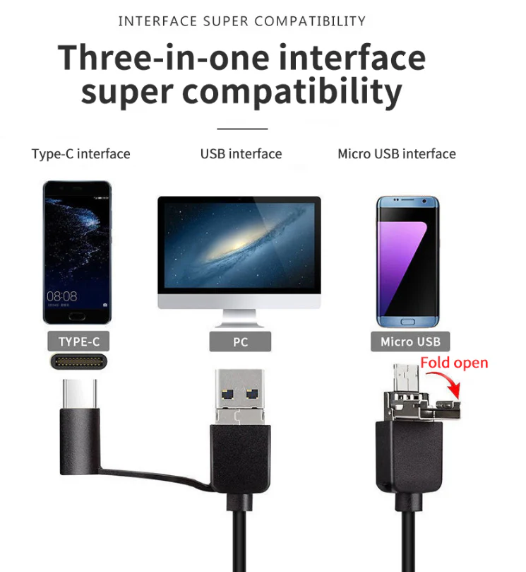 Fotocamera per endoscopio industriale con fotocamera Snake USB 3 in 1 per endoscopio di tipo C, Android e PC - Image 3